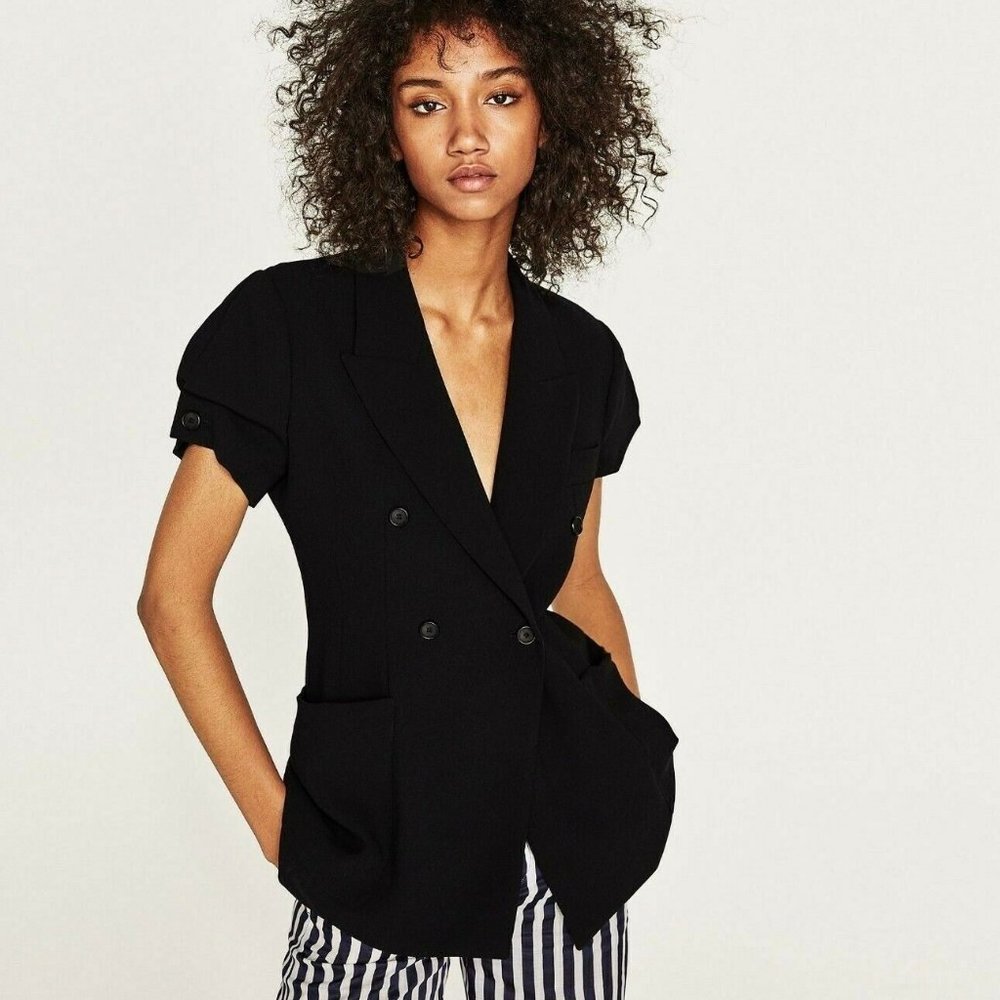Zara Short Sleeve Double Breasted Black Blazer Sz M